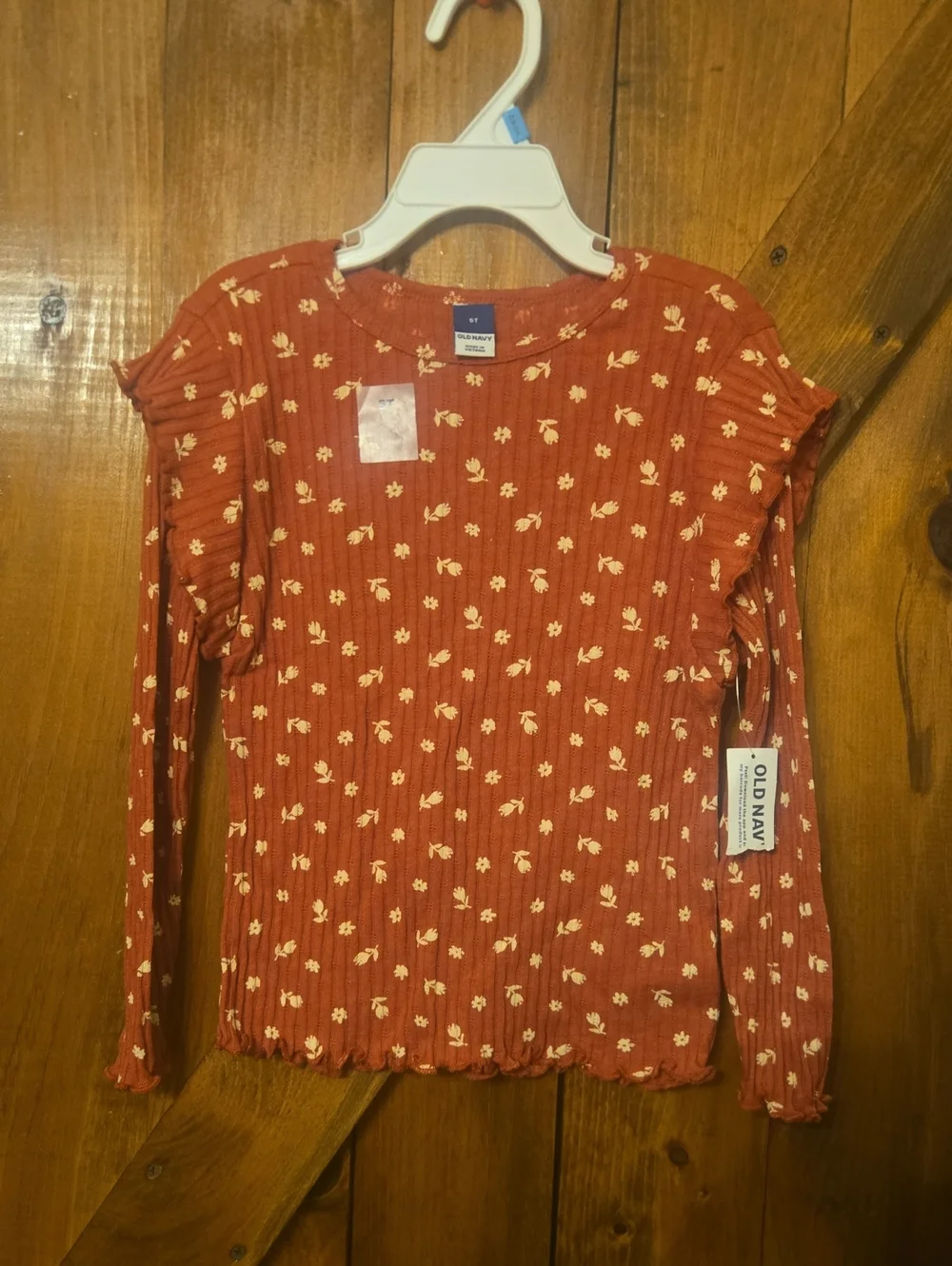 Old Navy Rust-Red Floral Ruffle Long Sleeve Top